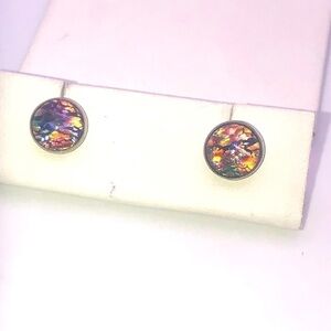 VTG Sterling Silver & Metallic Dichroic Glass Round Cabochon Stud Earrings 10mm